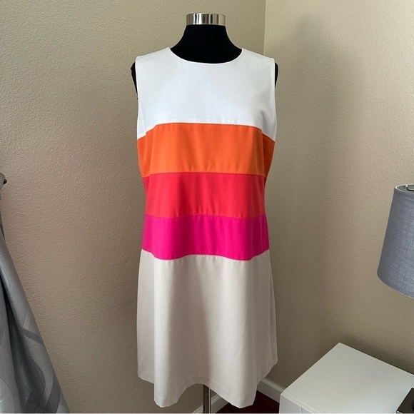 Calvin Klein Striped Color Block Sheath Sleeveless Orange Pink Midi Dress - Picture 3 of 12